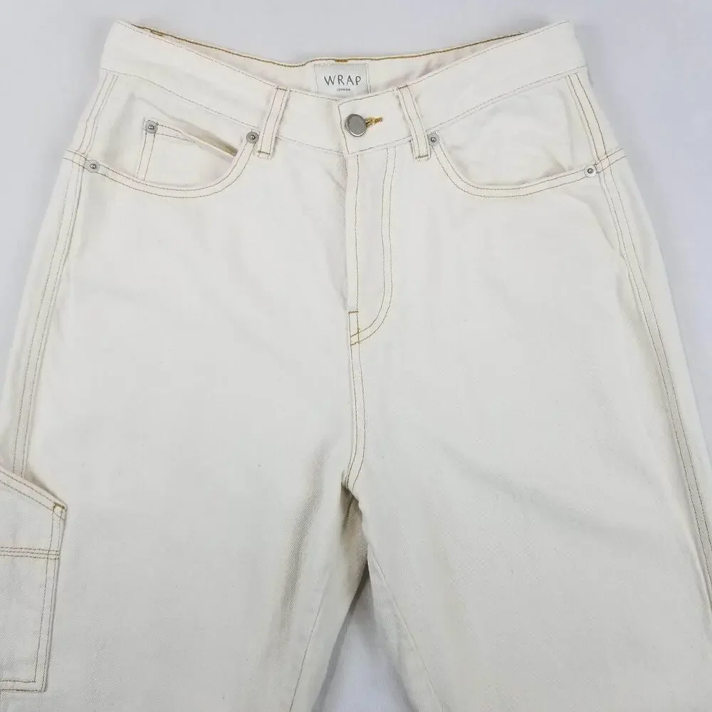 Wrap London Jeans Womens US 8 Cream Carpenter Utility Button Fly Cinch Back ZA76